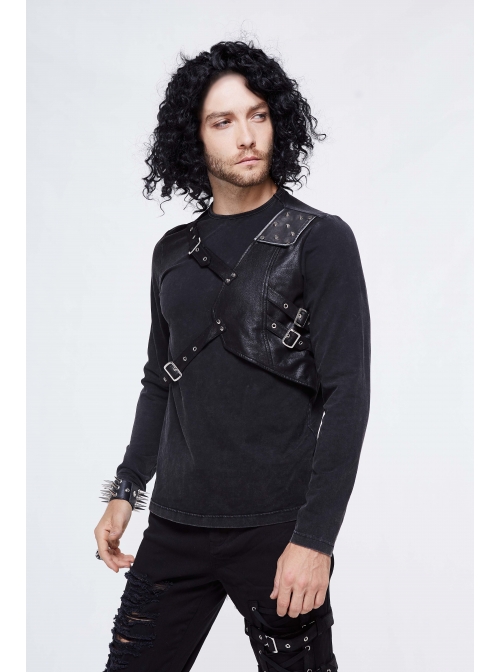 Asymmetric False Two Pieces Of Leather Rivet Armor Leather Hasp Black Punk T-Shirt