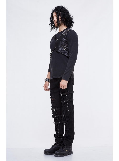 Asymmetric False Two Pieces Of Leather Rivet Armor Leather Hasp Black Punk T-Shirt