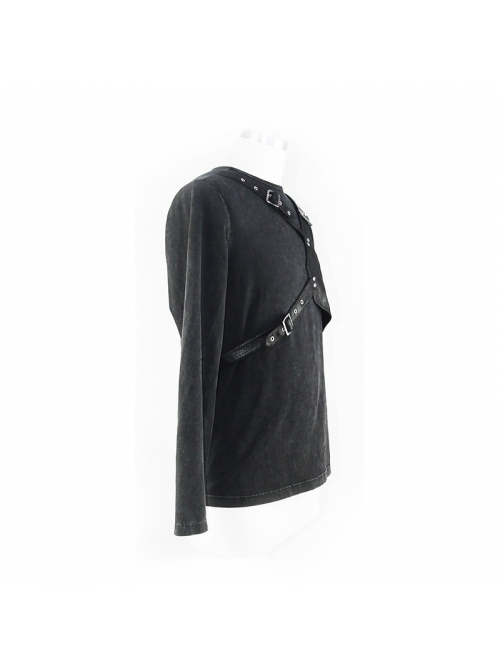 Asymmetric False Two Pieces Of Leather Rivet Armor Leather Hasp Black Punk T-Shirt