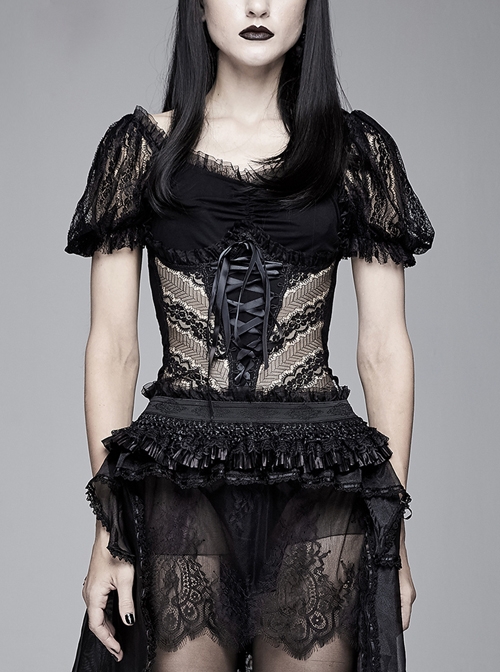 Vertical Flower Lace Bubble Sleeve Chest Cross Lace-Up Black Gothic T-Shirt