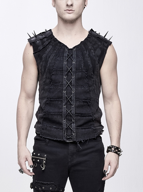 Patchwork Unedged Coarse Grain Leather Long Pointed Nails Black Punk Distressed Vest