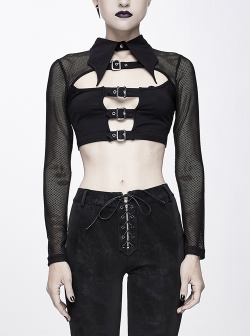 Bat Collar Splice Mesh Long-Sleeve Chest Hasp Black Punk Short T-Shirt