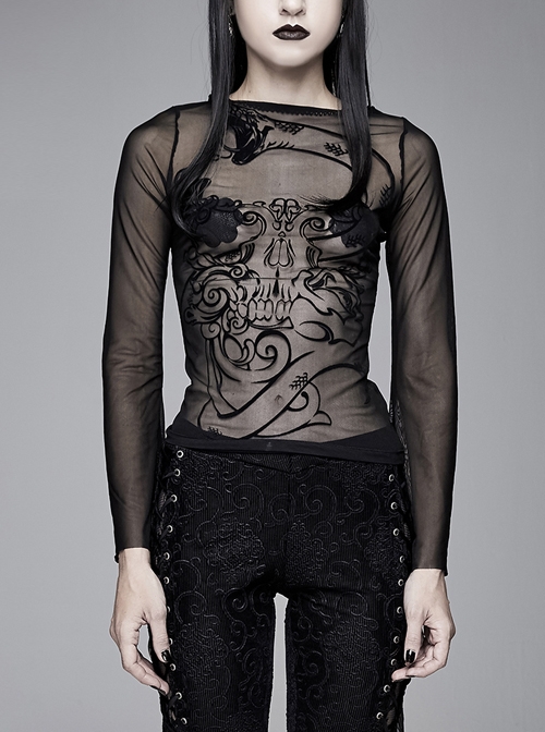 Black Snake Flocking Printed Mesh Horn Sleeve Gothic T-Shirt