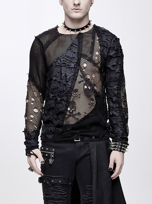 A Variety Of Mesh Materials Stitching Unedged Broken Holes Round Collar Black Punk T-Shirt