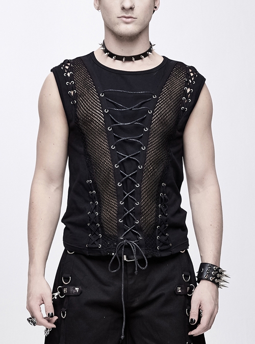 Splice Coarse Grain Chest Lace-Up Black Punk Vest