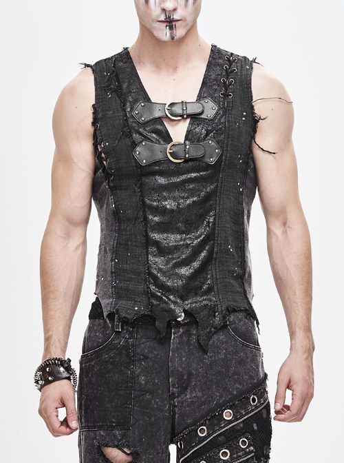 Worn Dirty Chest Leather Hasp Shoulder Lace-Up Asymmetrical Hem Black Punk Vest