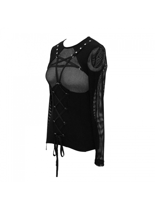 Chest Perspective Pentagram Lace-Up Mesh Black Punk Tight T-Shirt