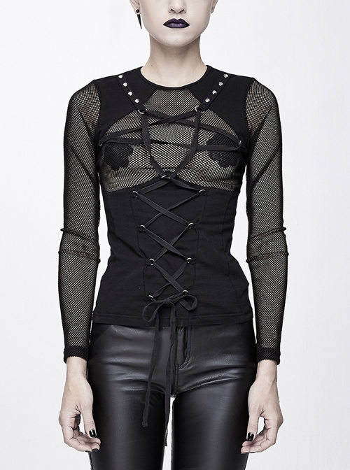 Chest Perspective Pentagram Lace-Up Mesh Black Punk Tight T-Shirt