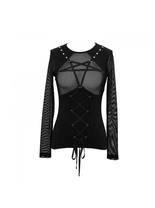 Chest Perspective Pentagram Lace-Up Mesh Black Punk Tight T-Shirt