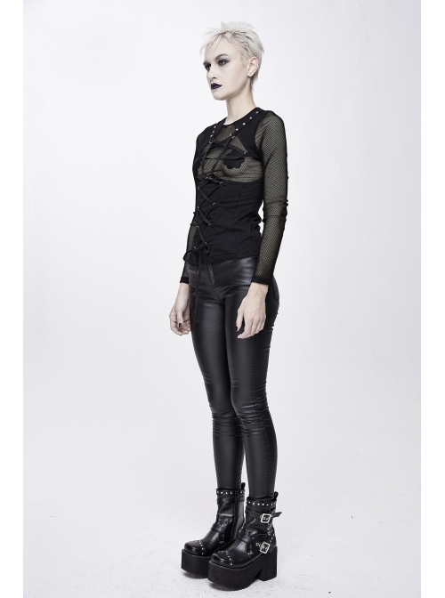 Chest Perspective Pentagram Lace-Up Mesh Black Punk Tight T-Shirt