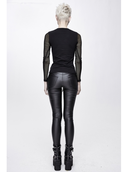 Chest Perspective Pentagram Lace-Up Mesh Black Punk Tight T-Shirt