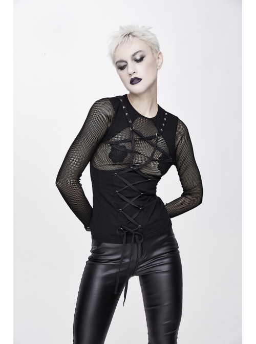 Chest Perspective Pentagram Lace-Up Mesh Black Punk Tight T-Shirt