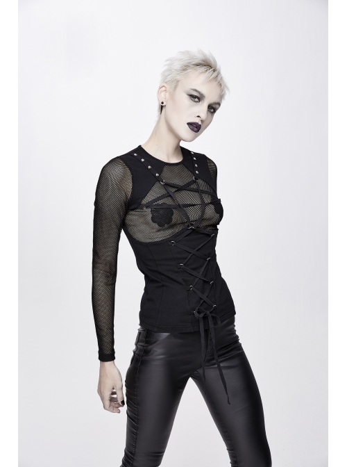 Chest Perspective Pentagram Lace-Up Mesh Black Punk Tight T-Shirt