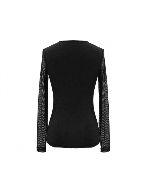 Chest Perspective Pentagram Lace-Up Mesh Black Punk Tight T-Shirt