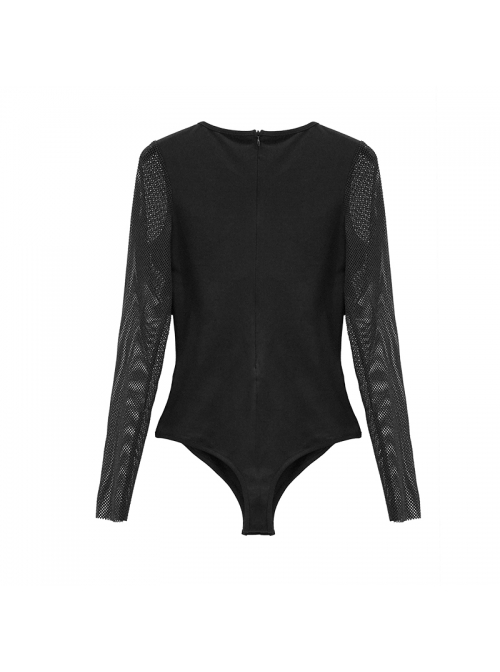 Chest Adjustable Leather Loops Splice Mesh Sleeve Connecting Crotch Black Punk T-Shirt