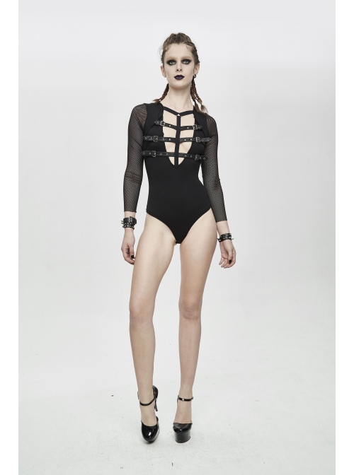 Chest Adjustable Leather Loops Splice Mesh Sleeve Connecting Crotch Black Punk T-Shirt