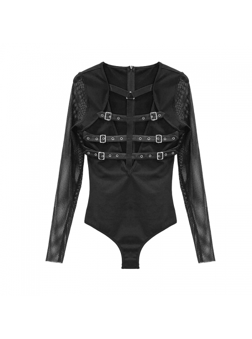 Chest Adjustable Leather Loops Splice Mesh Sleeve Connecting Crotch Black Punk T-Shirt