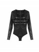 Chest Adjustable Leather Loops Splice Mesh Sleeve Connecting Crotch Black Punk T-Shirt