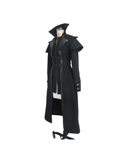 Women Gothic Pattern Leather Design Fake Two Pieces Black Double-Sided Woollen Coats