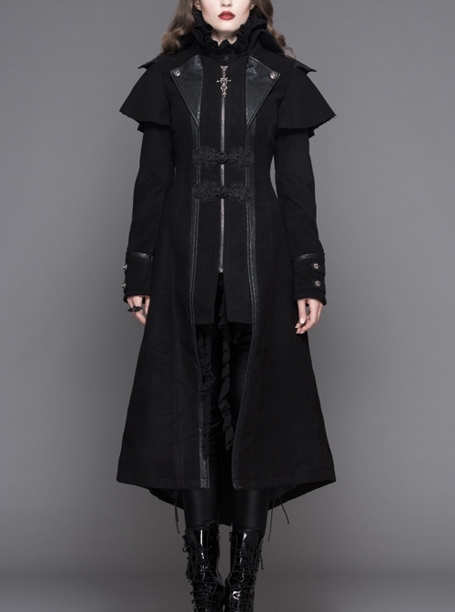 Women Gothic Pattern Leather Design Fake Two Pieces Black Double-Sided Woollen Coats