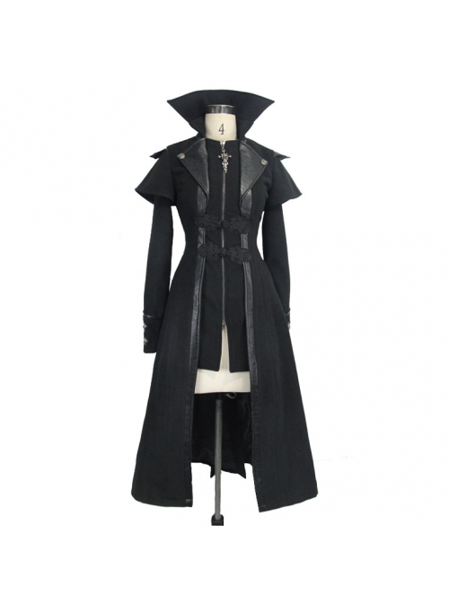 Women Gothic Pattern Leather Design Fake Two Pieces Black Double-Sided Woollen Coats