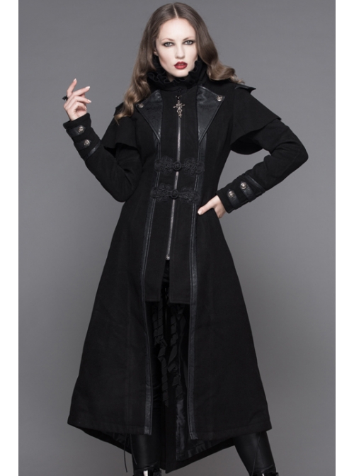 Women Gothic Pattern Leather Design Fake Two Pieces Black Double-Sided Woollen Coats