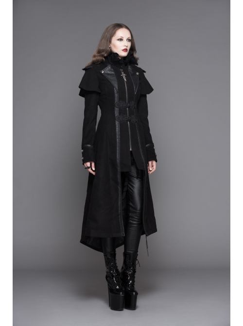 Women Gothic Pattern Leather Design Fake Two Pieces Black Double-Sided Woollen Coats
