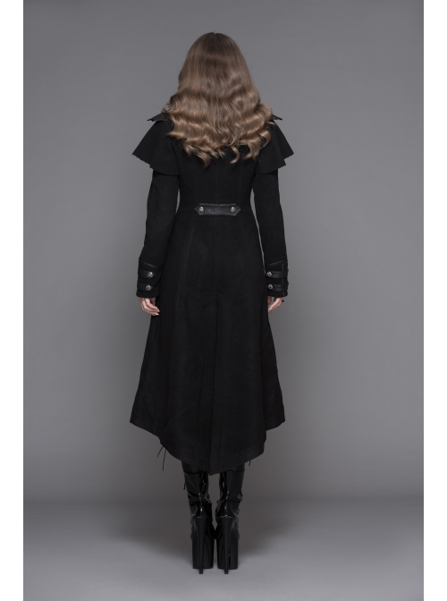 Women Gothic Pattern Leather Design Fake Two Pieces Black Double-Sided Woollen Coats