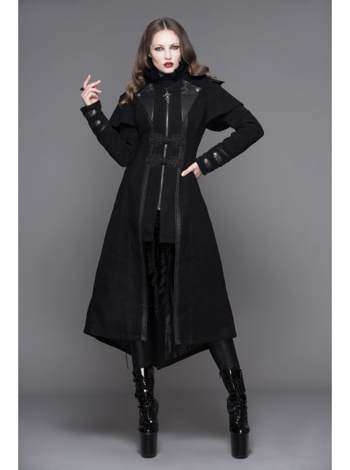 Women Gothic Pattern Leather Design Fake Two Pieces Black Double-Sided Woollen Coats