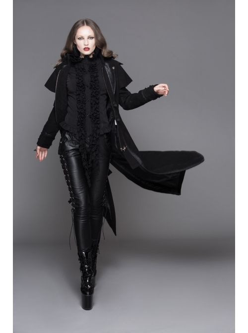 Women Gothic Pattern Leather Design Fake Two Pieces Black Double-Sided Woollen Coats