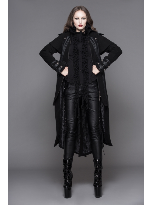 Women Gothic Pattern Leather Design Fake Two Pieces Black Double-Sided Woollen Coats