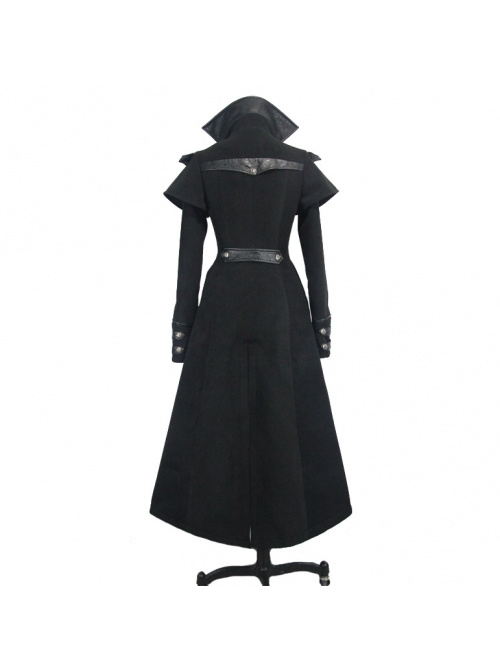 Women Gothic Pattern Leather Design Fake Two Pieces Black Double-Sided Woollen Coats