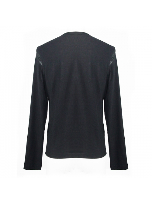 Woolen Spliced Chest Leather Hasp Lace-Up Black Punk Knit T-Shirt
