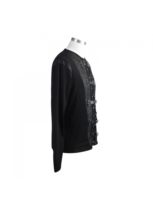 Woolen Spliced Chest Leather Hasp Lace-Up Black Punk Knit T-Shirt