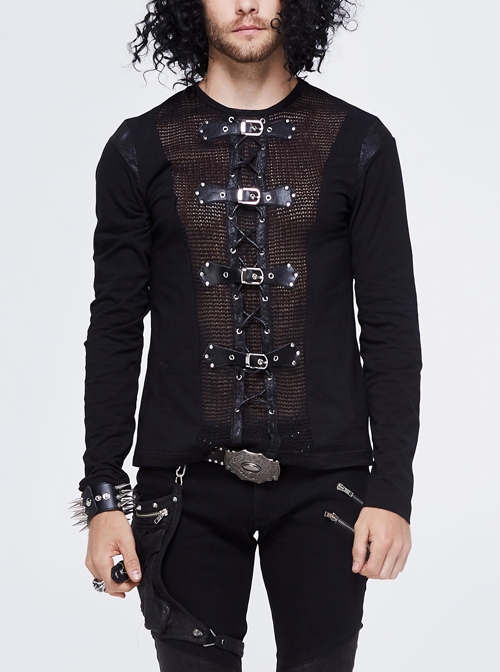 Woolen Spliced Chest Leather Hasp Lace-Up Black Punk Knit T-Shirt