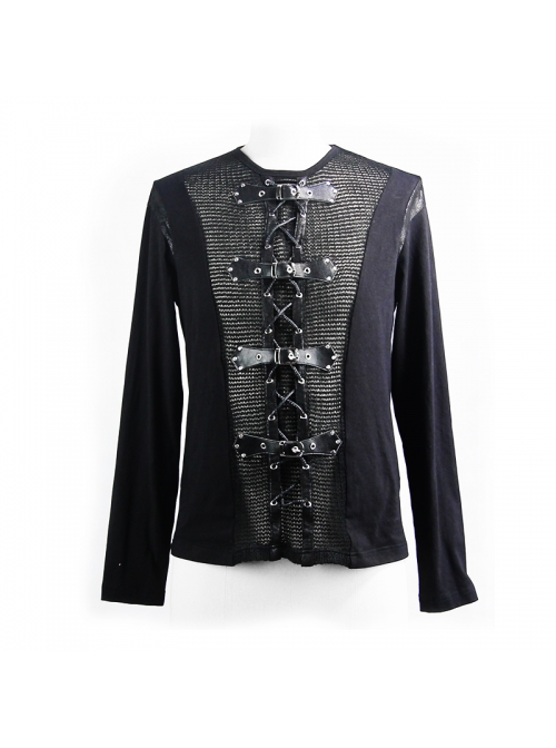 Woolen Spliced Chest Leather Hasp Lace-Up Black Punk Knit T-Shirt