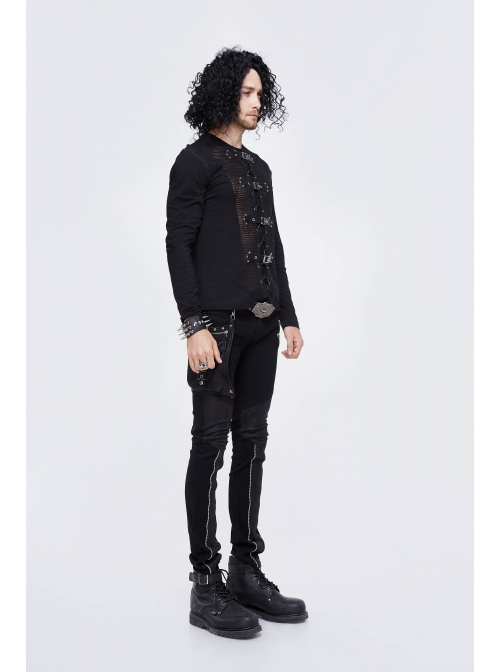 Woolen Spliced Chest Leather Hasp Lace-Up Black Punk Knit T-Shirt