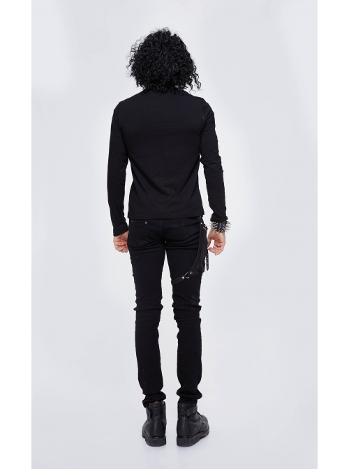 Woolen Spliced Chest Leather Hasp Lace-Up Black Punk Knit T-Shirt