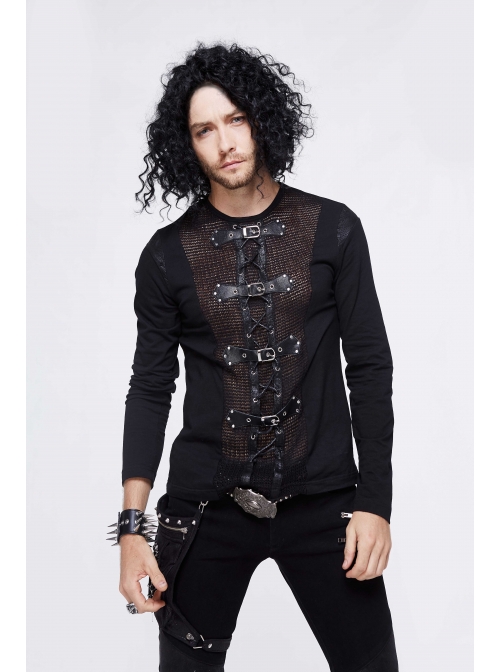 Woolen Spliced Chest Leather Hasp Lace-Up Black Punk Knit T-Shirt