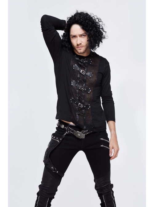 Woolen Spliced Chest Leather Hasp Lace-Up Black Punk Knit T-Shirt
