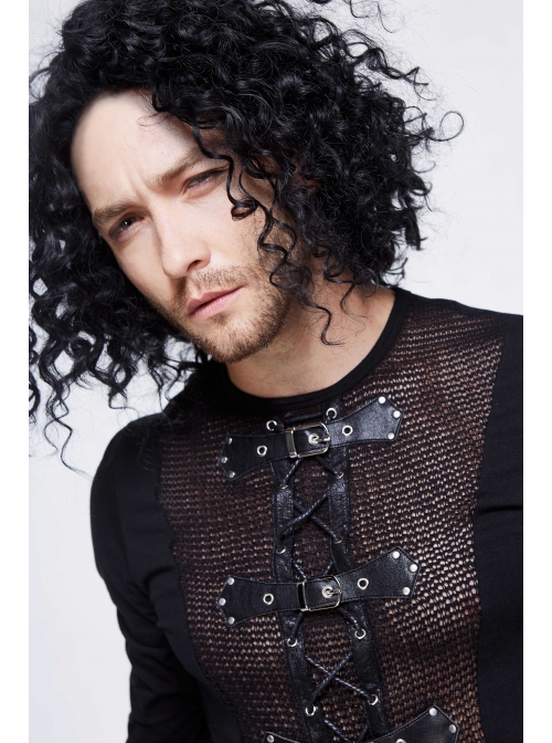 Woolen Spliced Chest Leather Hasp Lace-Up Black Punk Knit T-Shirt