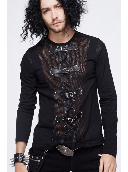 Woolen Spliced Chest Leather Hasp Lace-Up Black Punk Knit T-Shirt