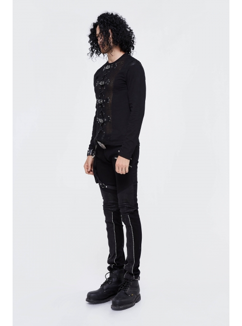Woolen Spliced Chest Leather Hasp Lace-Up Black Punk Knit T-Shirt