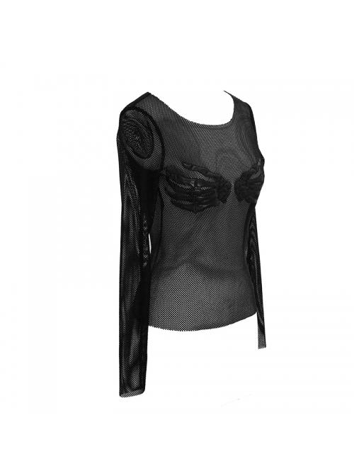 Chest Skull Palm Round Collar Long Sleeve Black Punk Mesh T-Shirt