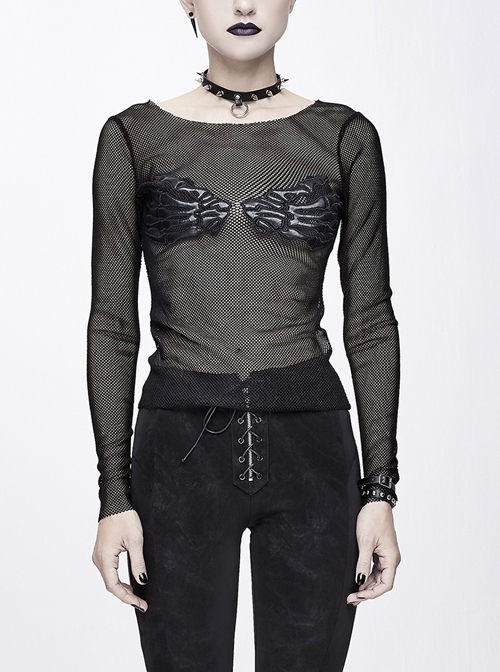 Chest Skull Palm Round Collar Long Sleeve Black Punk Mesh T-Shirt