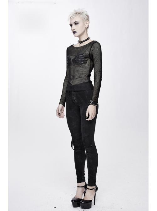 Chest Skull Palm Round Collar Long Sleeve Black Punk Mesh T-Shirt