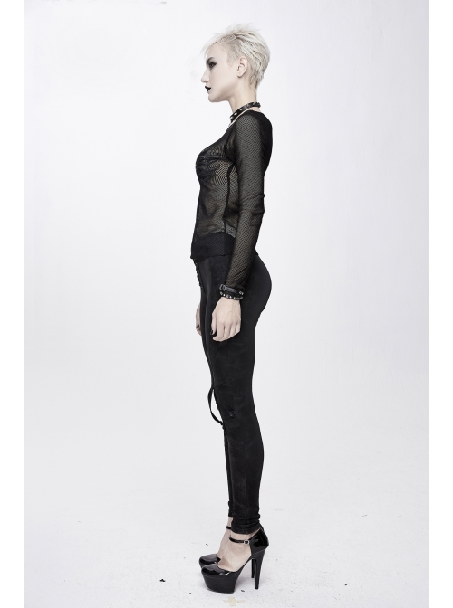 Chest Skull Palm Round Collar Long Sleeve Black Punk Mesh T-Shirt