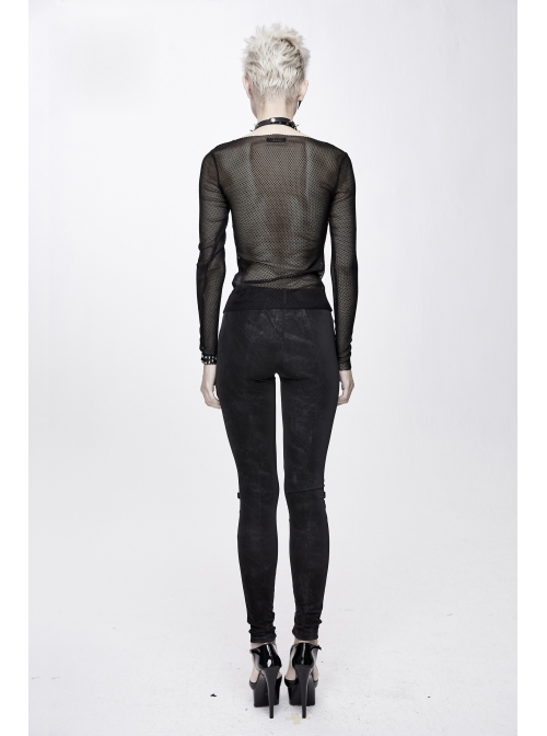 Chest Skull Palm Round Collar Long Sleeve Black Punk Mesh T-Shirt