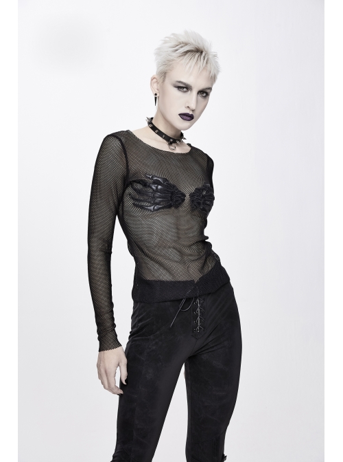Chest Skull Palm Round Collar Long Sleeve Black Punk Mesh T-Shirt