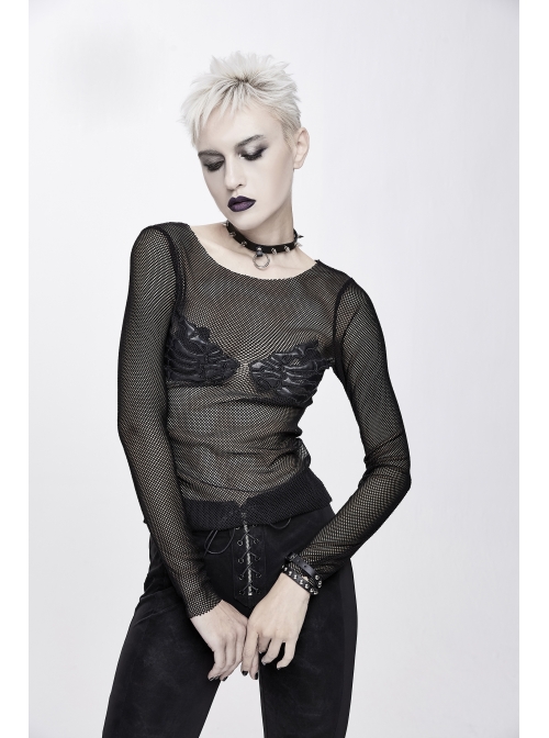 Chest Skull Palm Round Collar Long Sleeve Black Punk Mesh T-Shirt